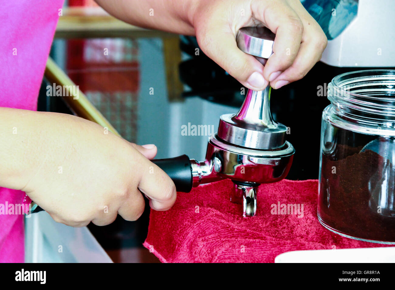 portafilter with ground coffee in cafe Stock Photo Alamy