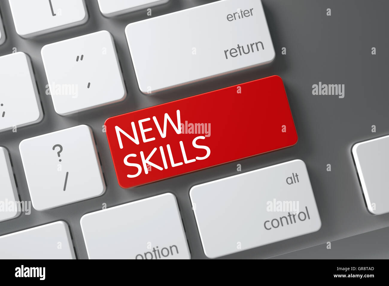 Red New Skills Key on Keyboard. 3D Rendering. Stock Photo