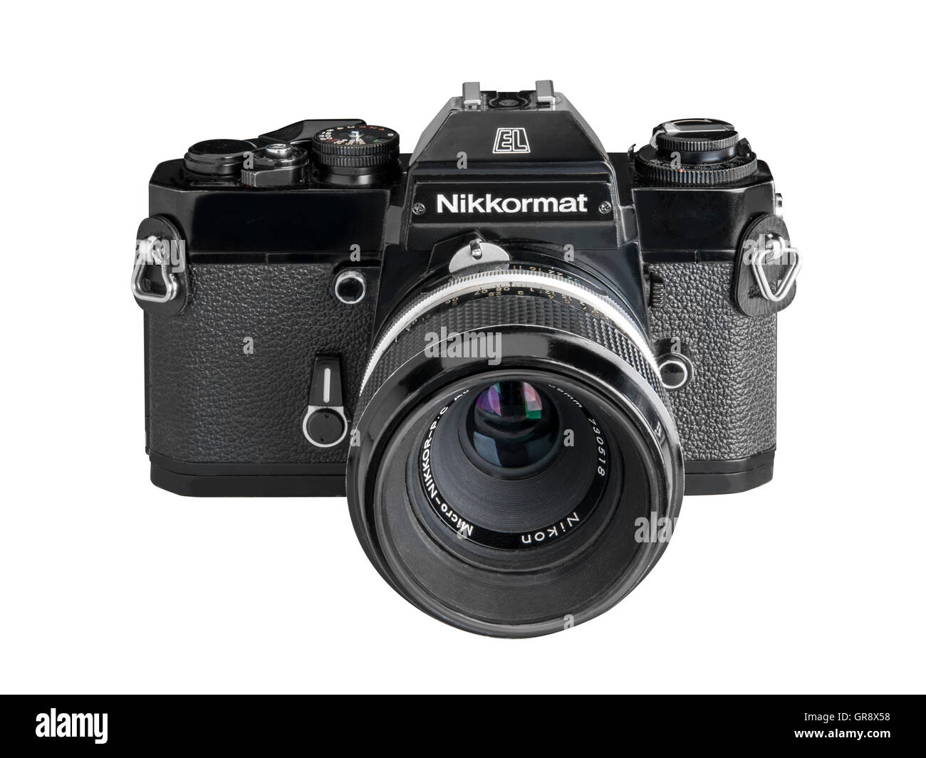 1975 Nikkormat EL in Black with 55mm Micro Nikkor lens Stock Photo