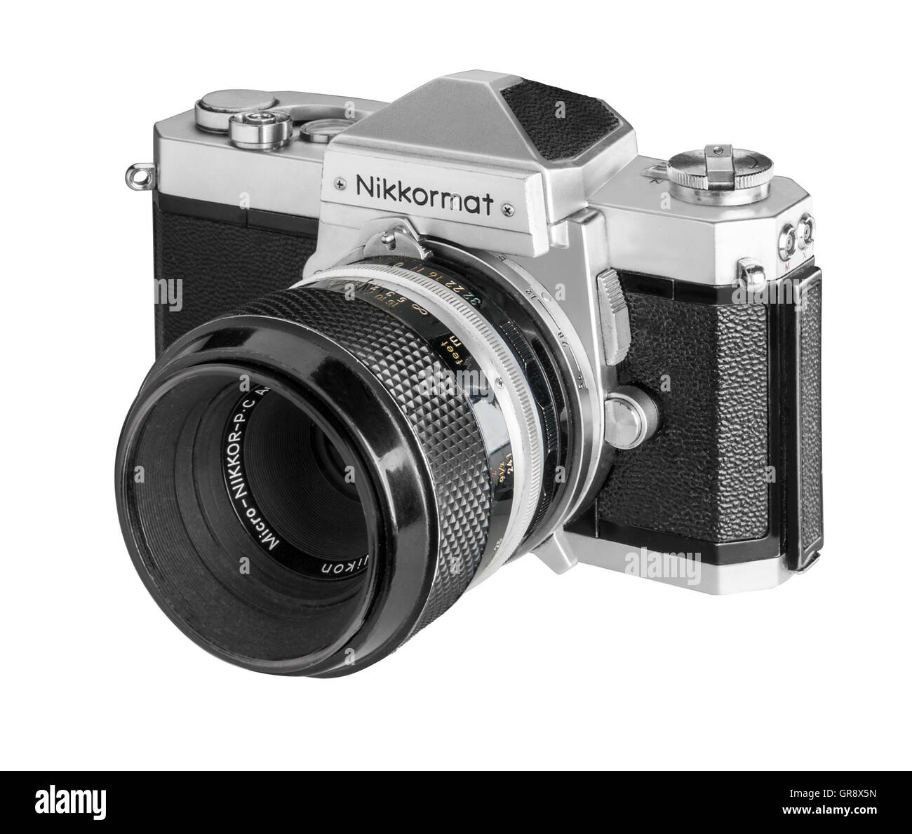 1970 Nikkormat FT in SIlver with 55mm Micro Nikkor lens Stock Photo