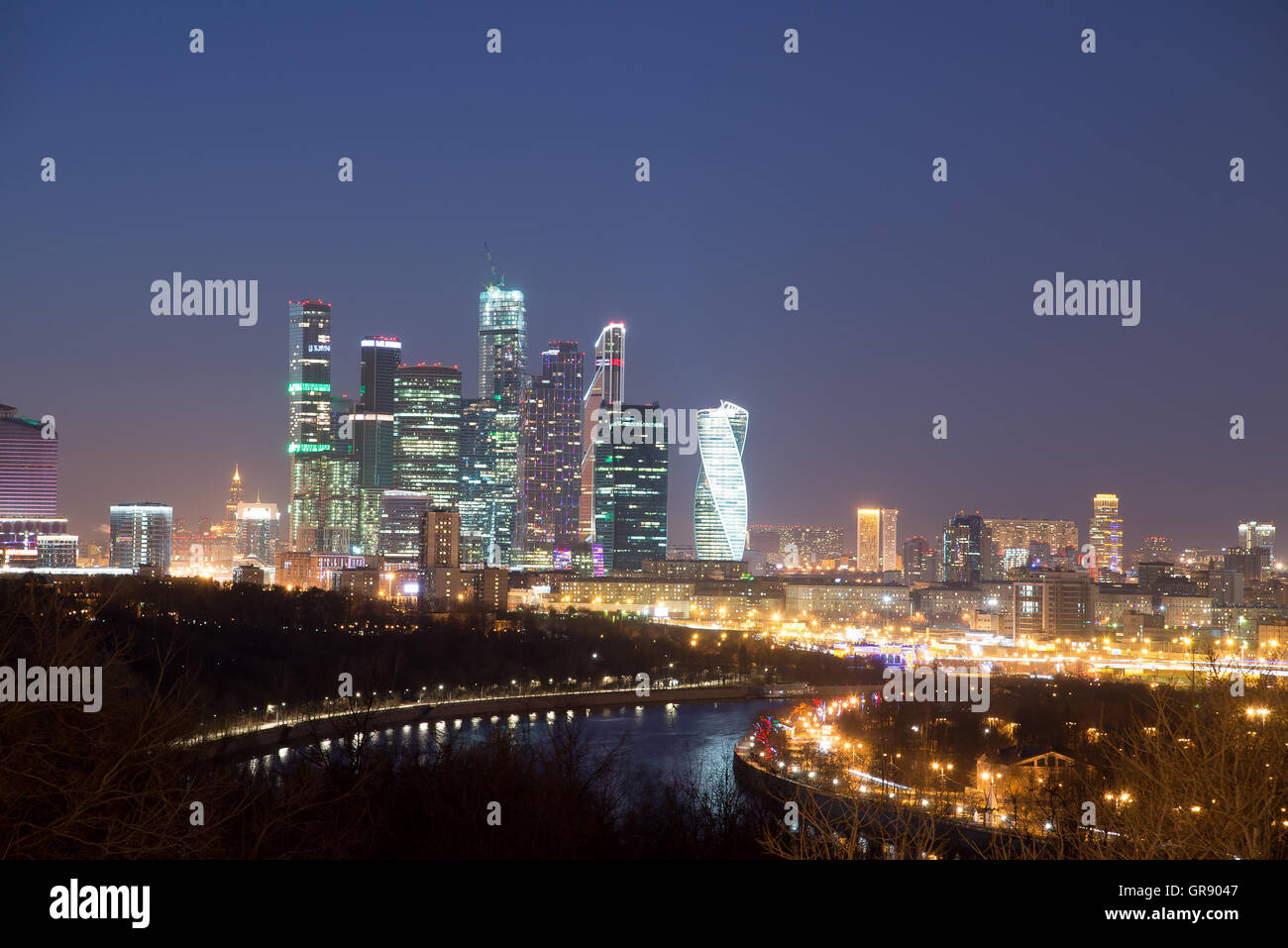 Moscow International Business Center - Moscow City at night. View from the observation platform on the Sparrow Hills. Stock Photo
