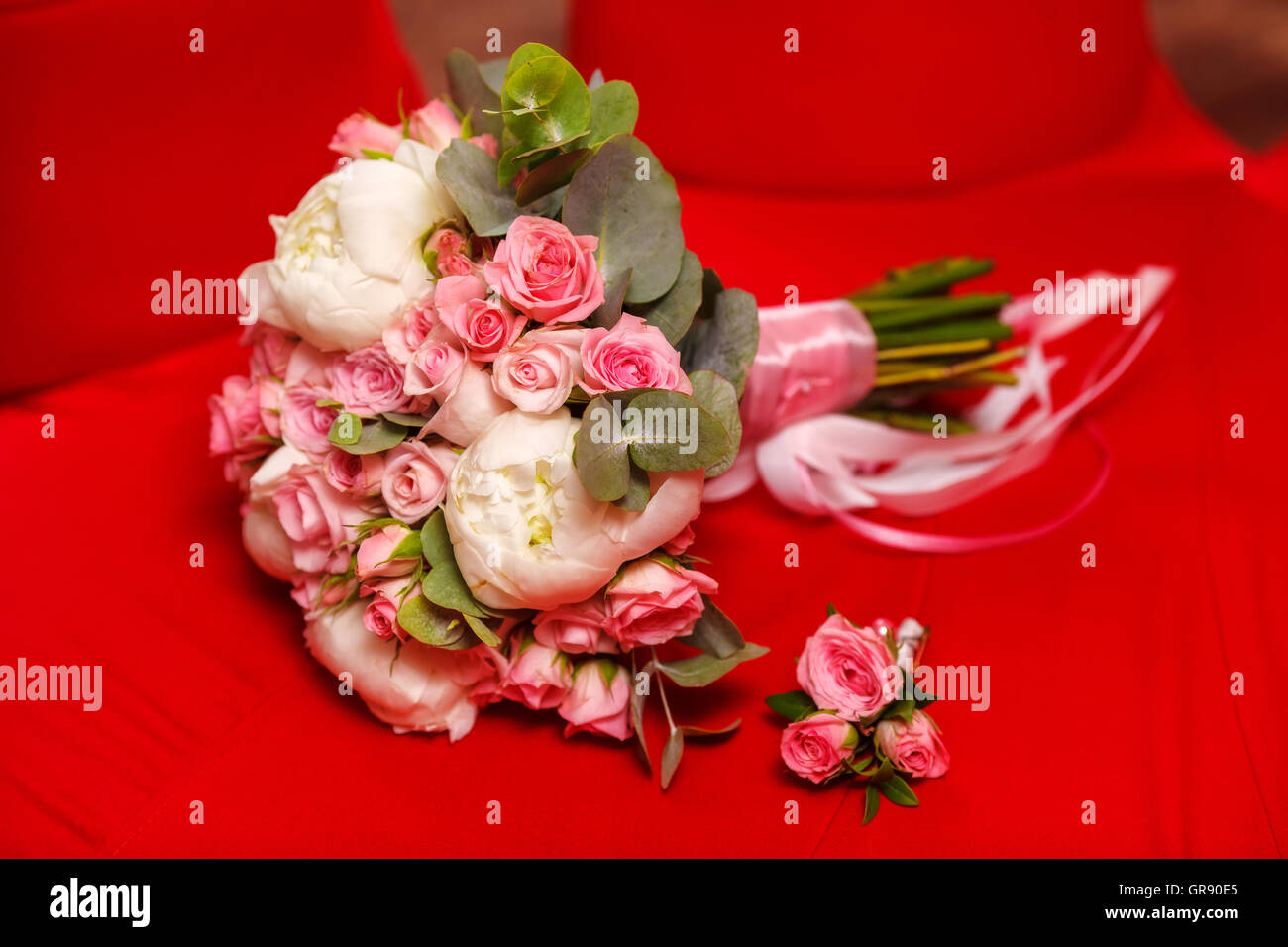 Beautiful peony and rose wedding bouquet, closeup. Marriage concept Stock Photo