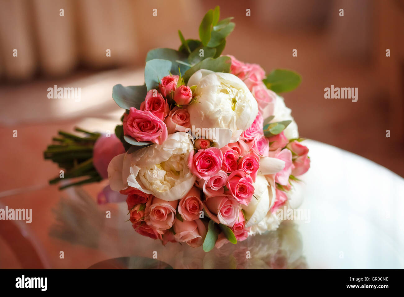 Beautiful peony and rose wedding bouquet, closeup. Marriage concept Stock Photo