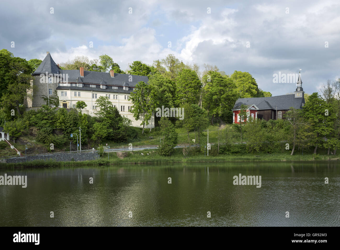Castle And Church At The Bottom Of The Pond In Stiege, Harz, Saxony-Anhalt, Germany, Europe Stock Photo