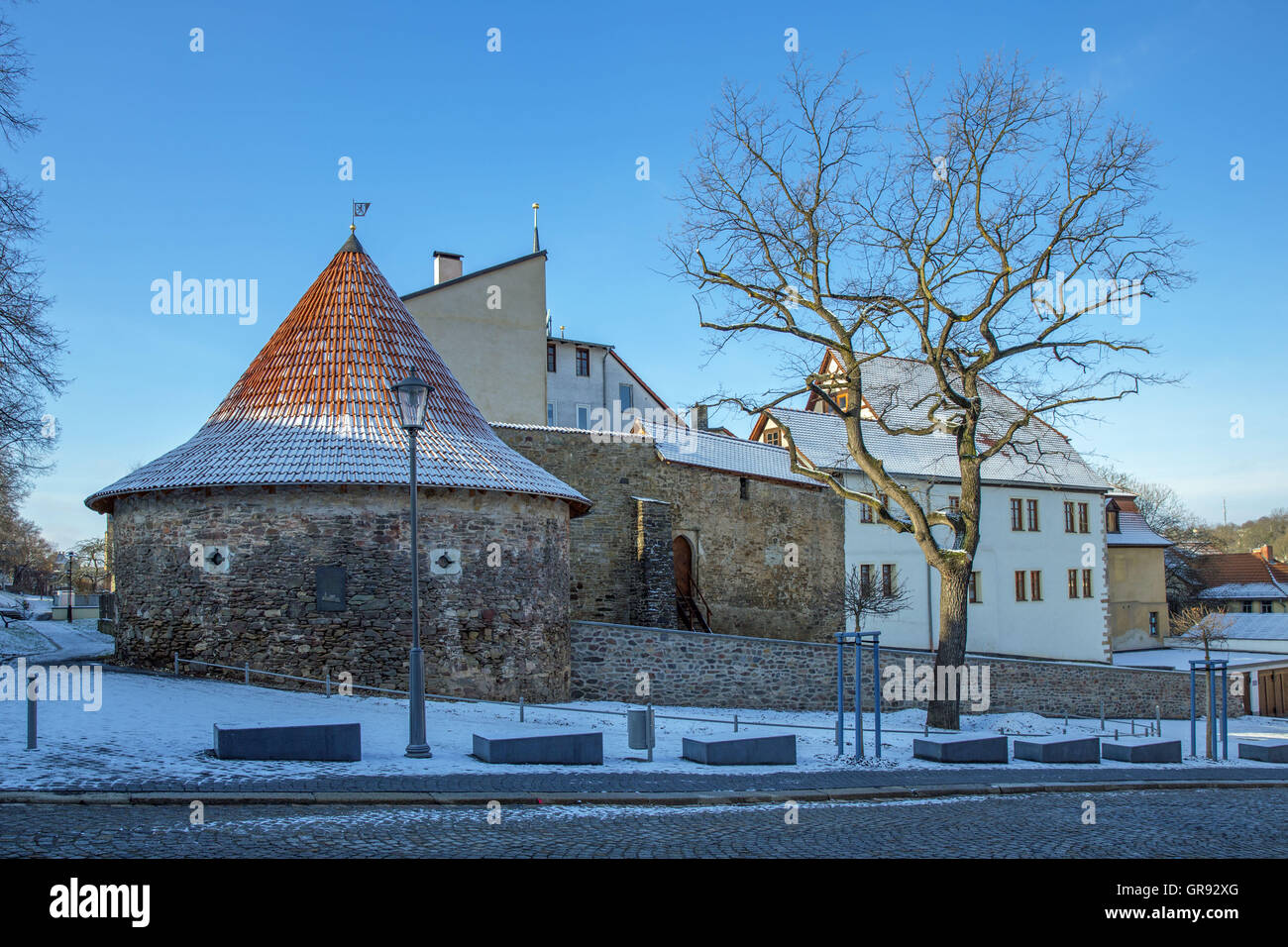 Powder Tower And Luthereiche In Pößneck In Winter, Thuringia, Germany, Europe Stock Photo