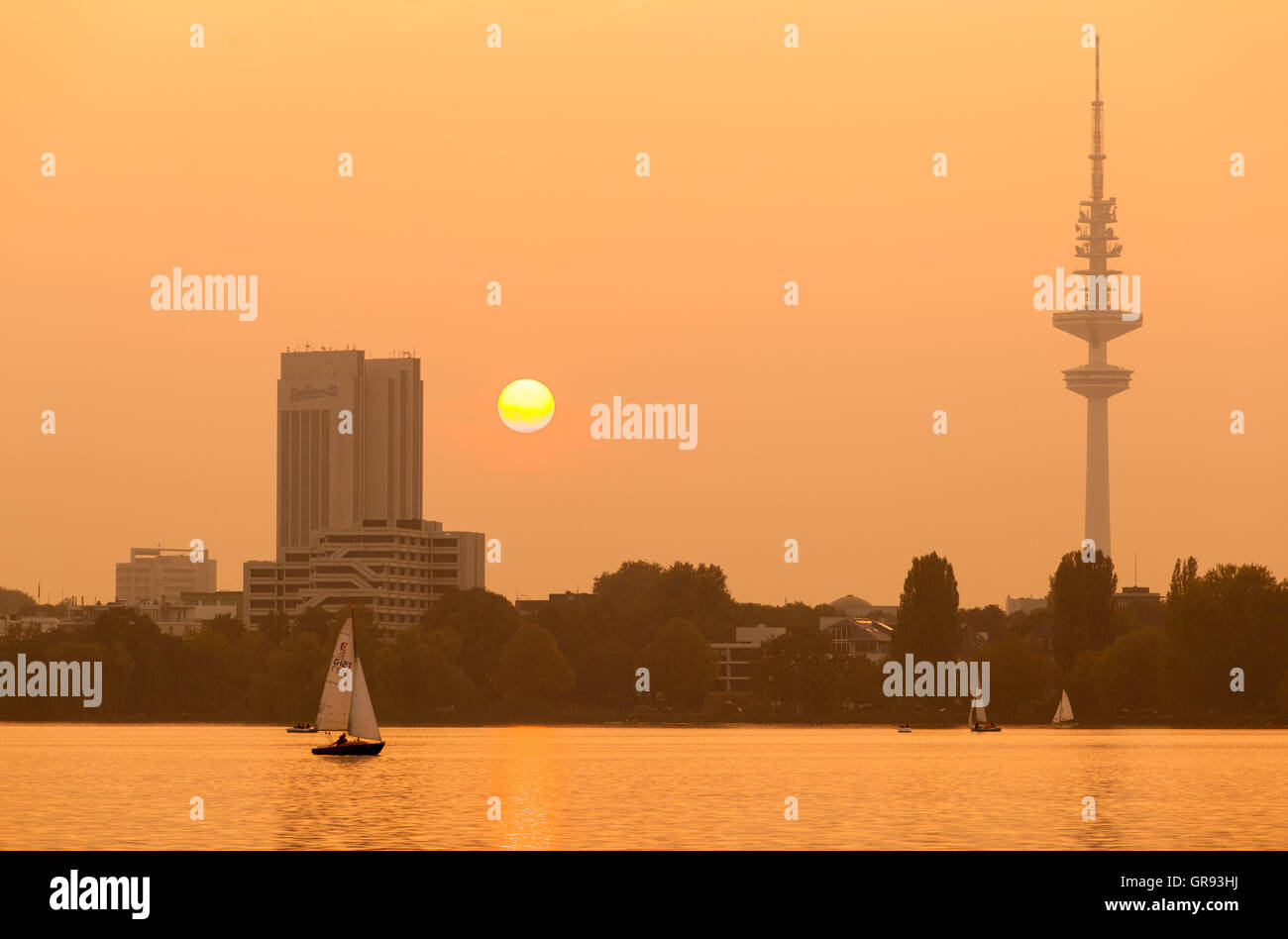 Sunset Over Alster Lake In Hamburg Stock Photo