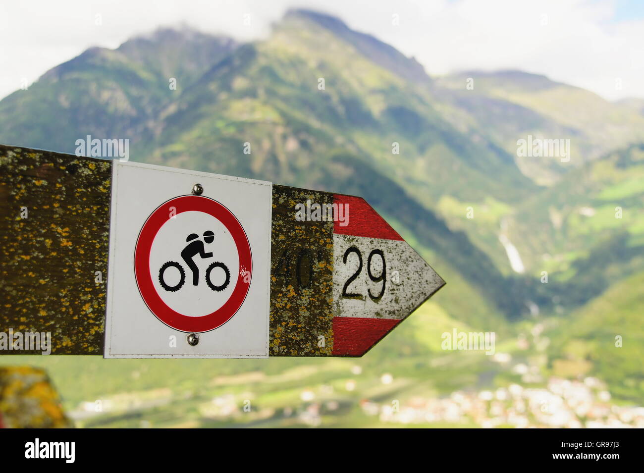 Sign Passage For Cyclists Prohibited In South Tyrol Stock Photo