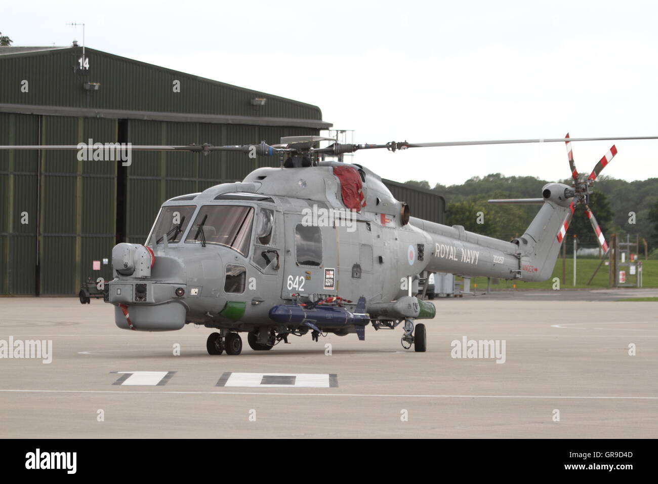 British built Royal Navy Westland Lynx HMA.8 helicopter ZD257 '642' parked on the ramp at Royal Naval Air Station Yeovilton Stock Photo