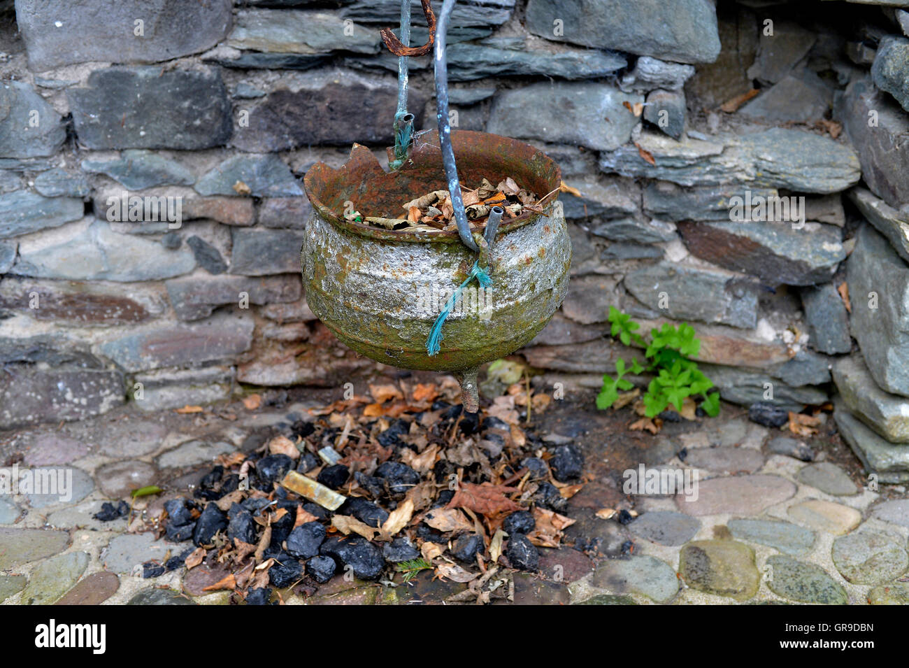 Traditional Irish cottage hearth and cooking pot in Carrowenagh, County