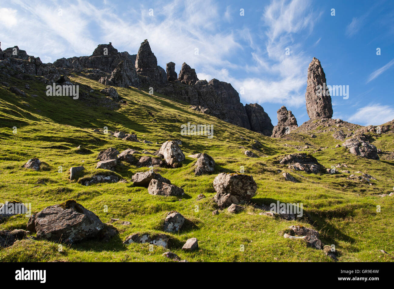 The Old Man of Storr with The Storr behind, Isle of Skye, Scotland, United Kingdom Stock Photo