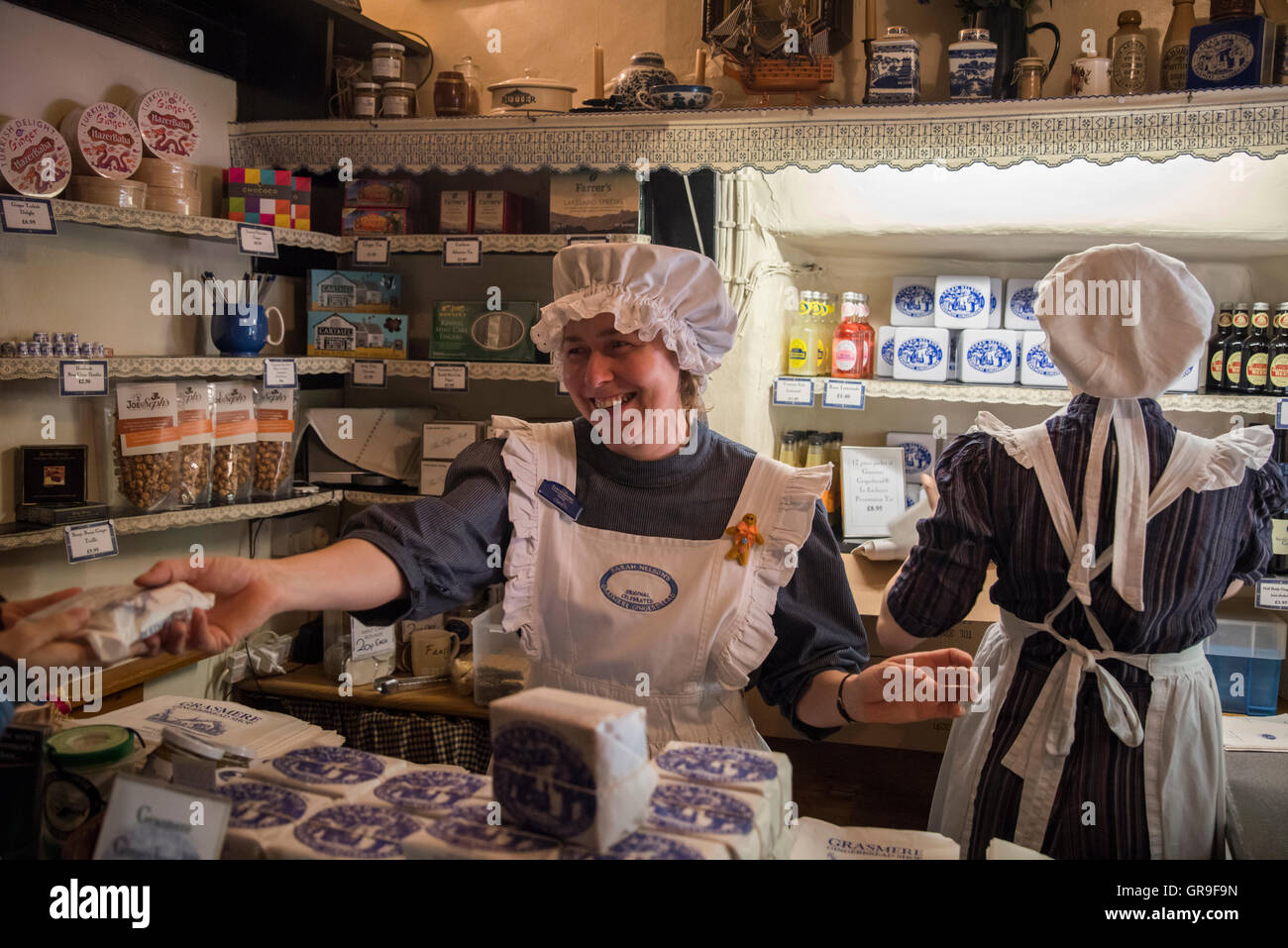 Sarah Nelson Original Celebrated Gingerbread Shop next to Wordsworth Grave in St. Oswald's Church Grasmere, Lake District, Cumbr Stock Photo