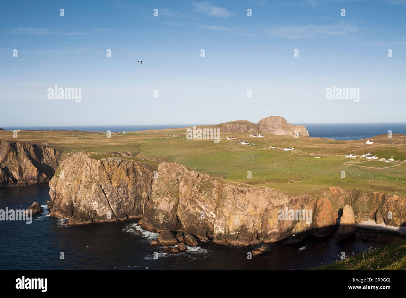 Landscape and buildings on Fair Isle, Shetland Islands, Scotland, United Kingdom, Europe Stock Photo