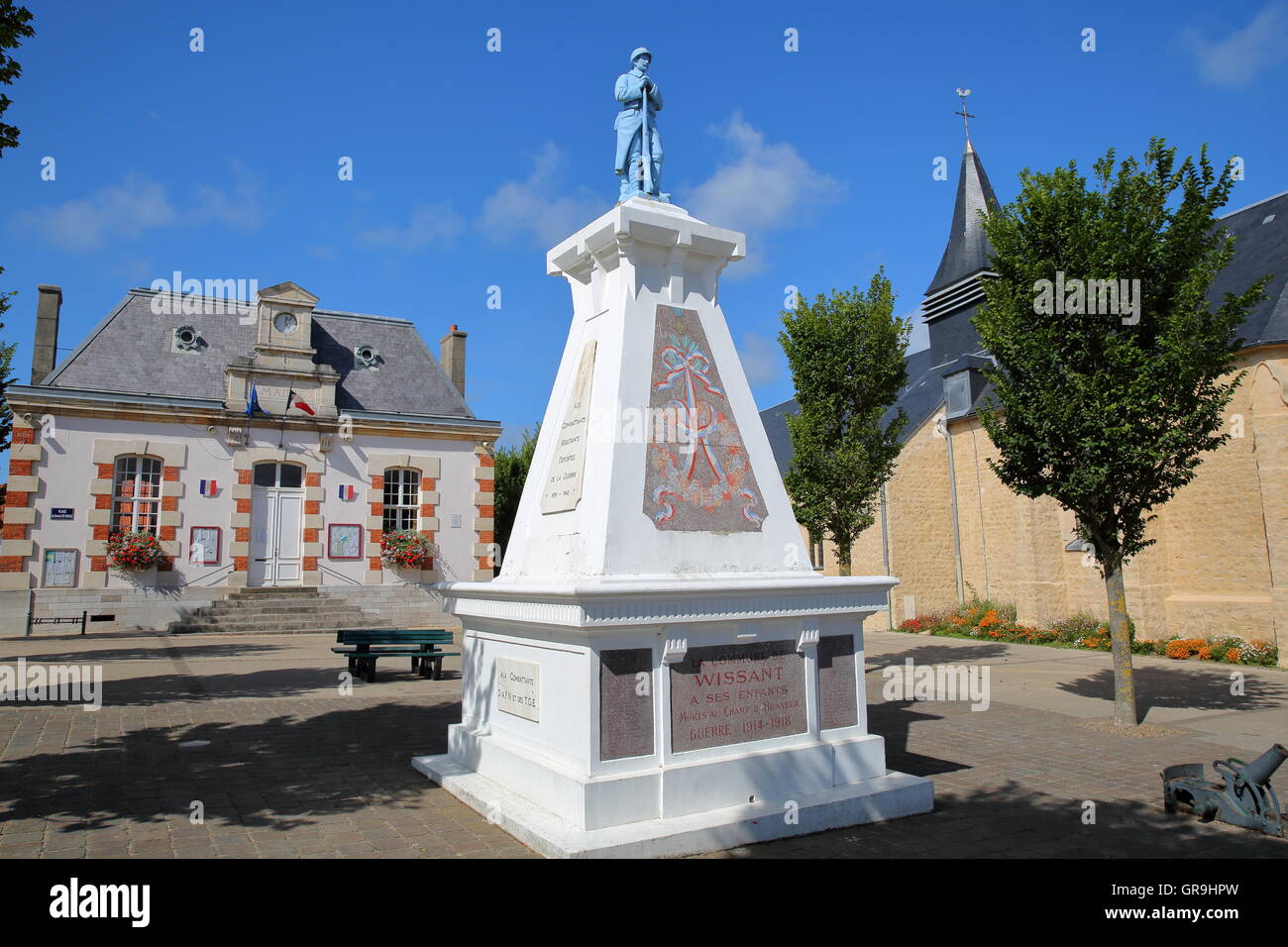 Town square with city hall and World War II memorial in Wissant, Cote d'Opale, Pas-de-Calais, France Stock Photo