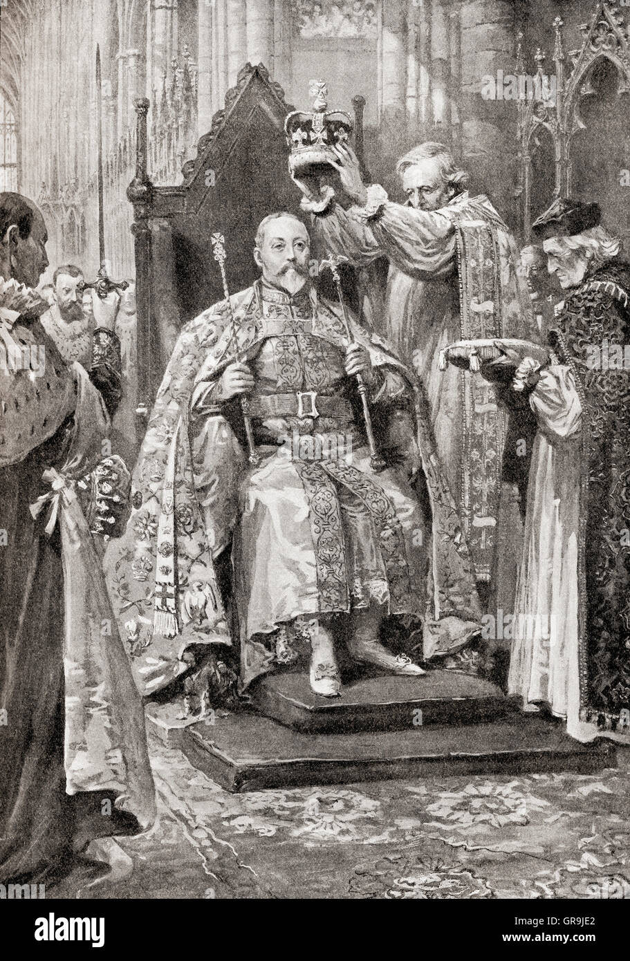 The archbishop of Canterbury crowning Edward VII as king. Edward VII, 1841 – 1910.  King of the United Kingdom and the British Dominions and Emperor of India. Stock Photo