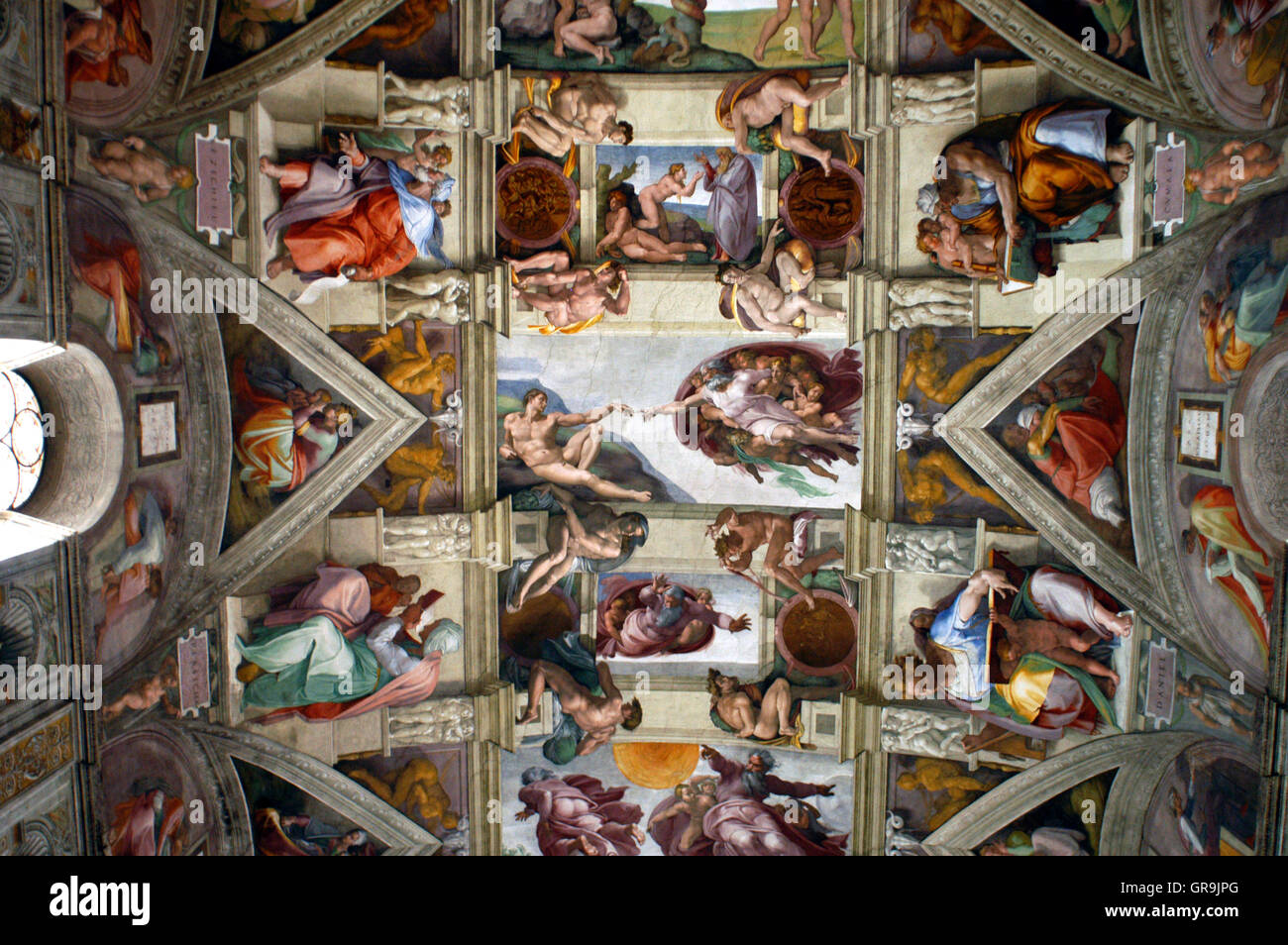 Ceiling of Sistine Chapel Vatican museum Rome Italy.The Creation of Adam by Michelangelo on the ceiling of the Sistine Chapel in the Vatican Museum. Stock Photo