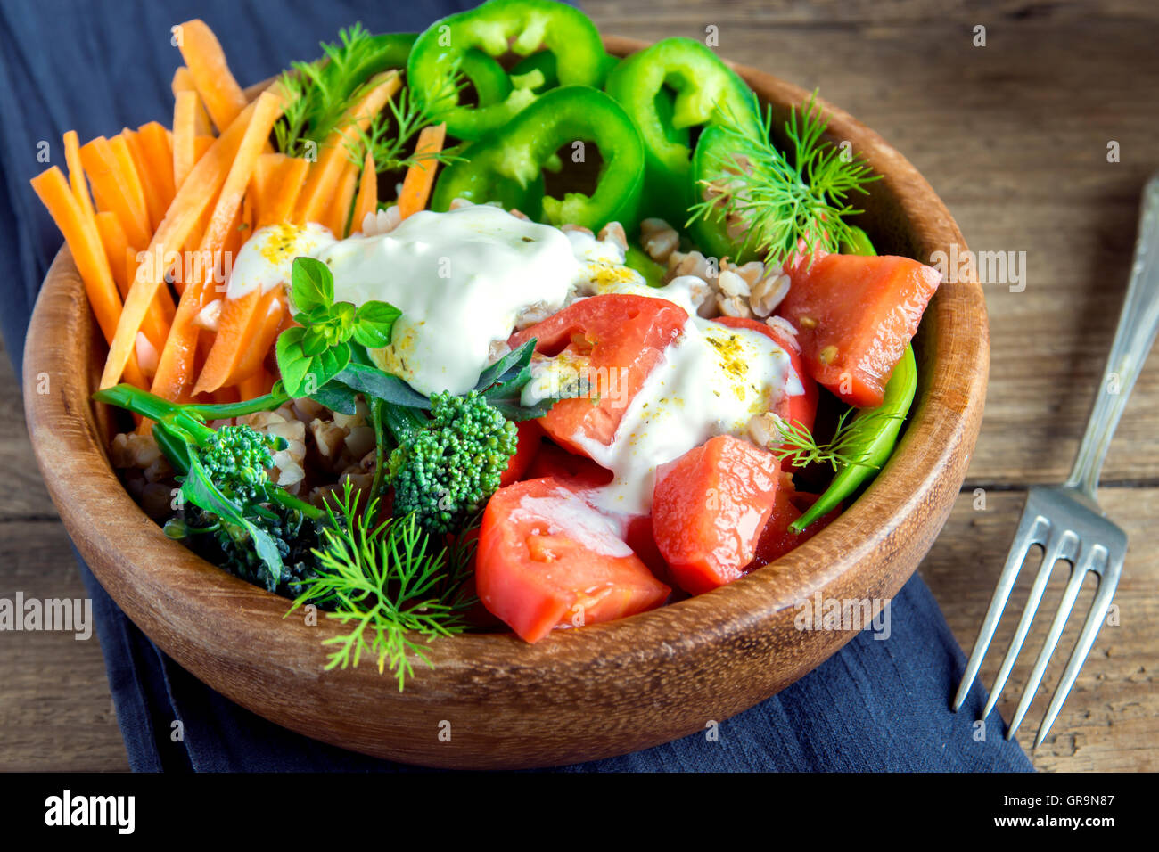 Fresh organic vegetable salad with buckwheat for healthy vegetarian ...
