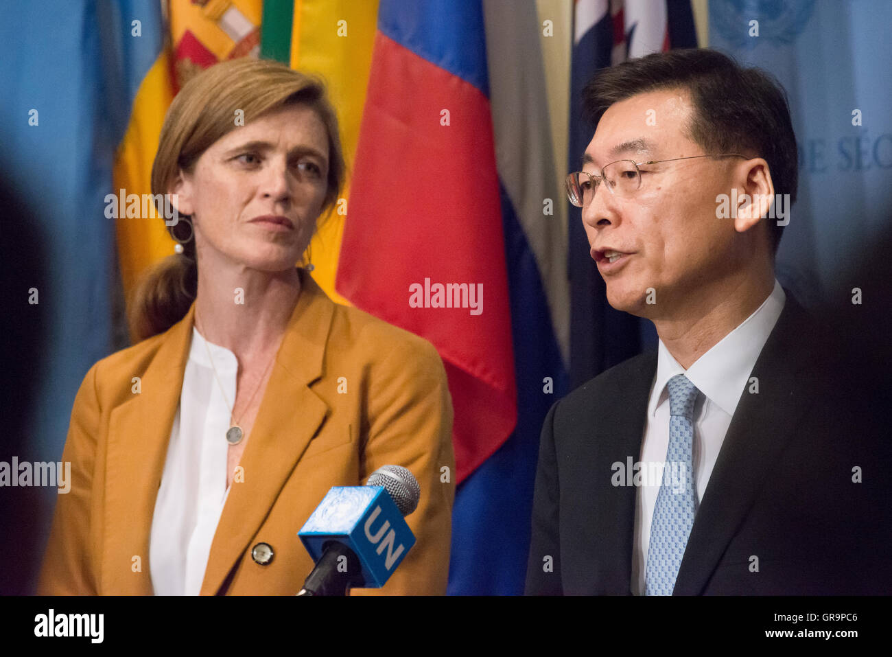 South Korean Deputy Permanent Representative to the UN Hahn Choong-hee (right) speaks with the press. Following the September 5th test launch of what are believed to by three medium-range Rodong-class ballistic missiles by the Democratic People's Republic of Korea (DPRK) toward Japan, the United Nations Security Council held emergency consultations on the incident. Analysts believe that the test, conducted while world leaders met in China for the G20 summit, may have been conducted as a response to the possible installation of a Terminal High Altitude Area Defense (THAAD) system developed to Stock Photo