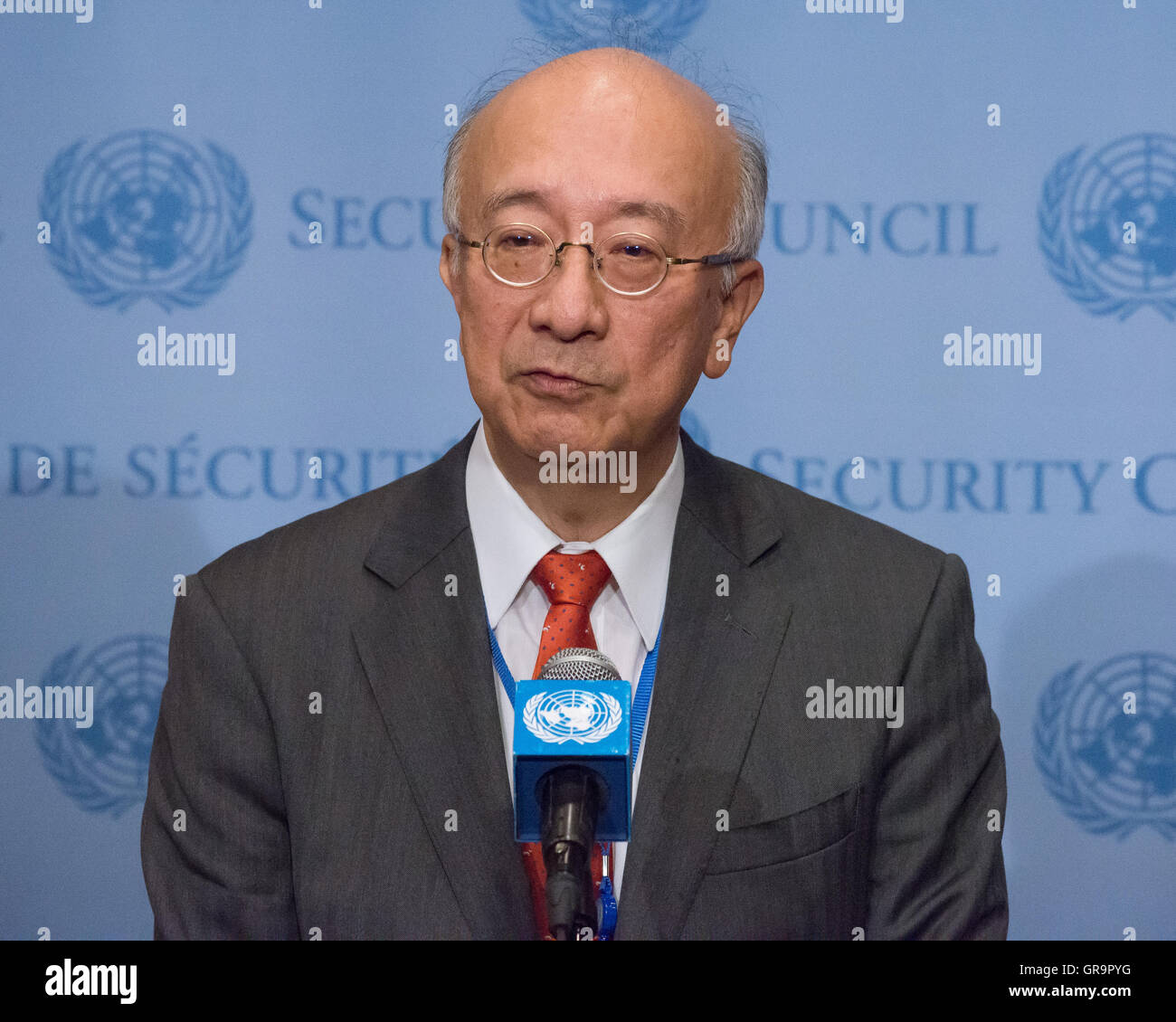 Japanese Ambassador to the United Nations Koro Bessho speaks with the press. Following the September 5th test launch of what are believed to by three medium-range Rodong-class ballistic missiles by the Democratic People's Republic of Korea (DPRK) toward Japan, the United Nations Security Council held emergency consultations on the incident. Analysts believe that the test, conducted while world leaders met in China for the G20 summit, may have been conducted as a response to the possible installation of a Terminal High Altitude Area Defense (THAAD) system developed to defend South Korea against Stock Photo