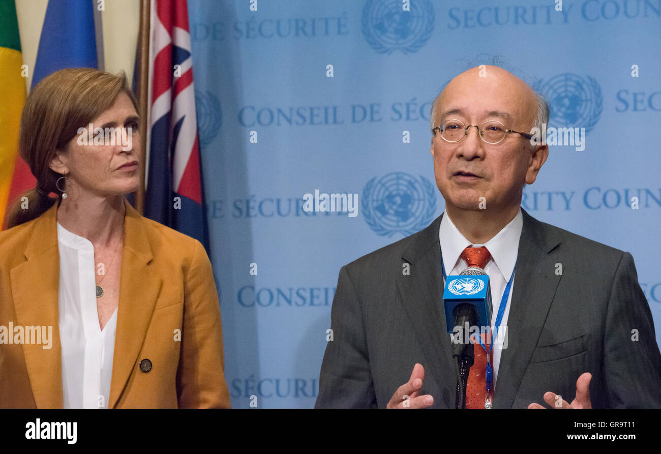 Japanese Ambassador to the United Nations Koro Bessho (right) speaks with the press. Following the September 5th test launch of what are believed to by three medium-range Rodong-class ballistic missiles by the Democratic People's Republic of Korea (DPRK) toward Japan, the United Nations Security Council held emergency consultations on the incident. Analysts believe that the test, conducted while world leaders met in China for the G20 summit, may have been conducted as a response to the possible installation of a Terminal High Altitude Area Defense (THAAD) system developed to defend South Korea Stock Photo