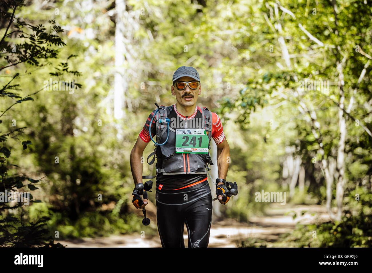 male athlete midlife age runs in woods with nordic poles in hand during Mountain marathon Stock Photo