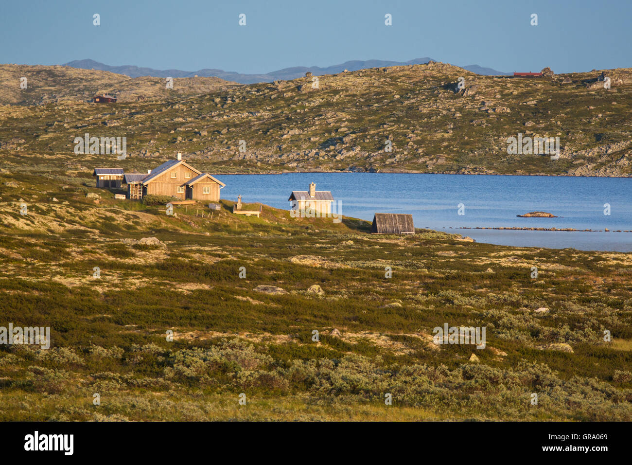 Huts On The Norwegian Plateau Hardangervidda Stock Photo