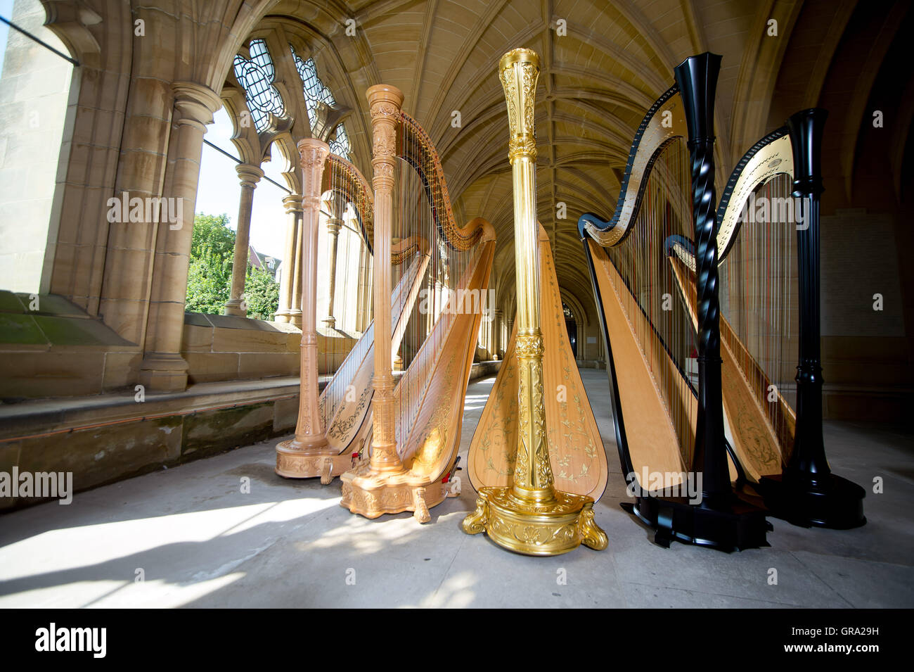 Harps beautifully presented at Lancing college chapel, Sussex, UK. Stock Photo