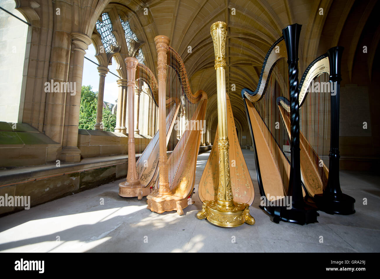 Harps beautifully presented at Lancing college chapel, Sussex, UK. Stock Photo