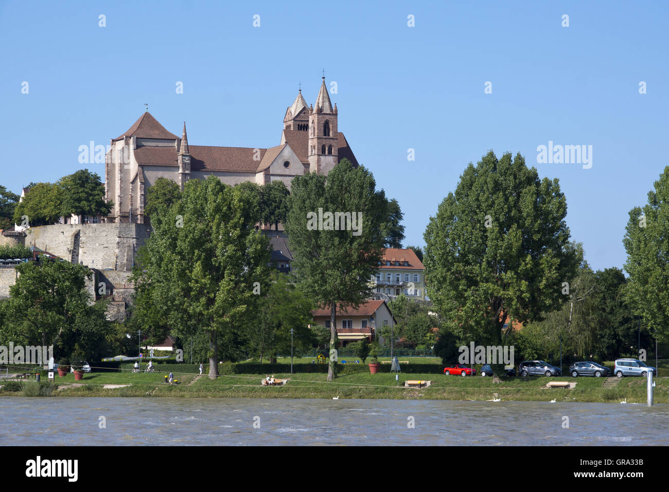 View Over The Rhine To Münsterberg With St. Stephen S Cathedral, Breisach, Breisgau, Baden-Württemberg, Germany, Europe Stock Photo