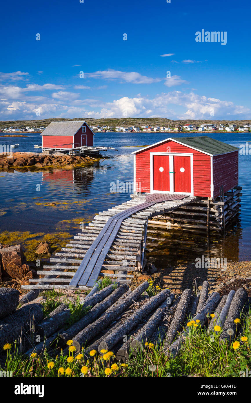 Fishing stages and boats in the harbor at Joe Batt's ArmBarr'd IslandsShoal Bay, Fogo Island