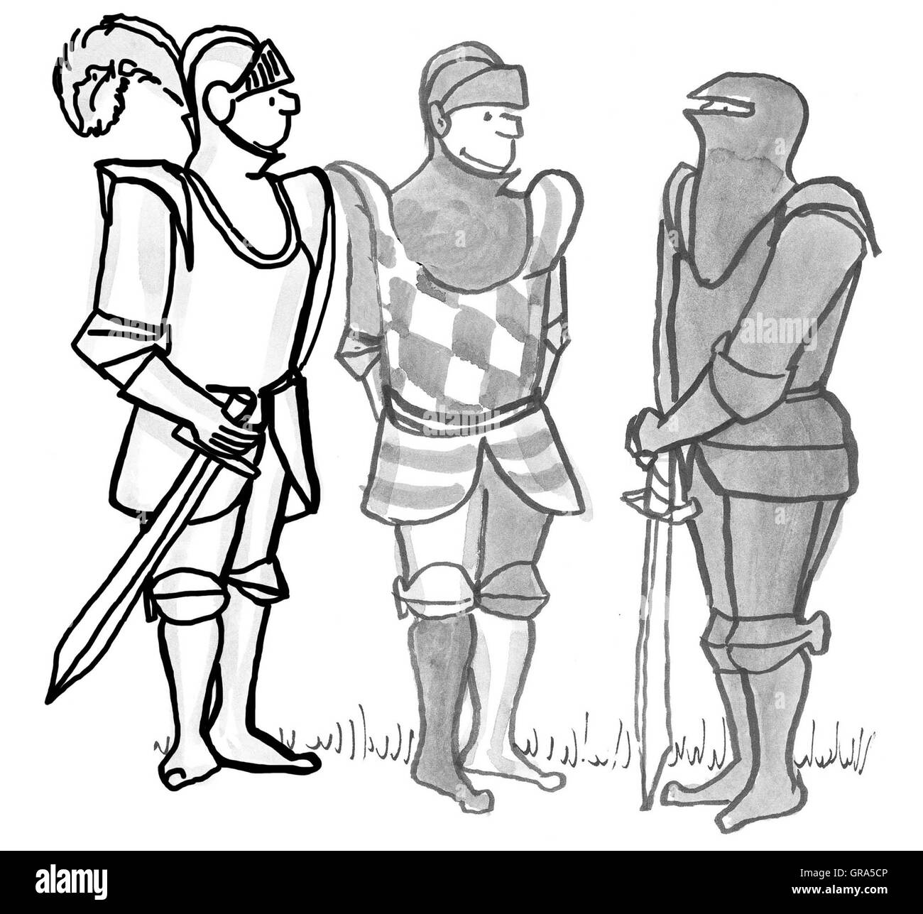 Illustration of three knights wearing armor and holding swords. Stock Photo