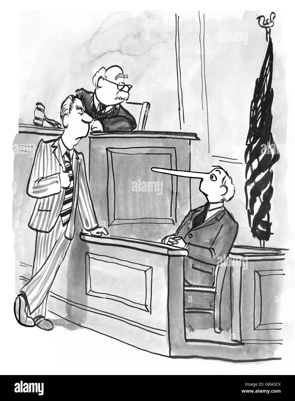 Legal illustration showing a witness being dishonest on the witness stand. Stock Photo