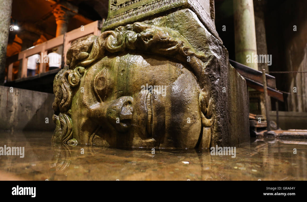Medusa columns base inside Basilica Cistern Stock Photo