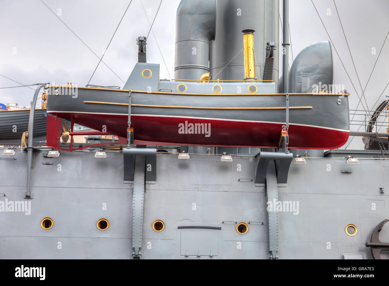 Lifeboat of the legendary revolutionary cruiser Aurora at the place of eternal parking Stock Photo