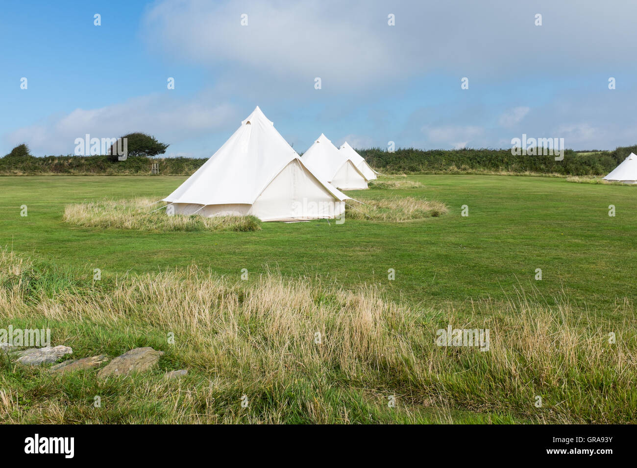 Luxury tepees or wigwams in a field near Bolberry on the south Devon coast Stock Photo