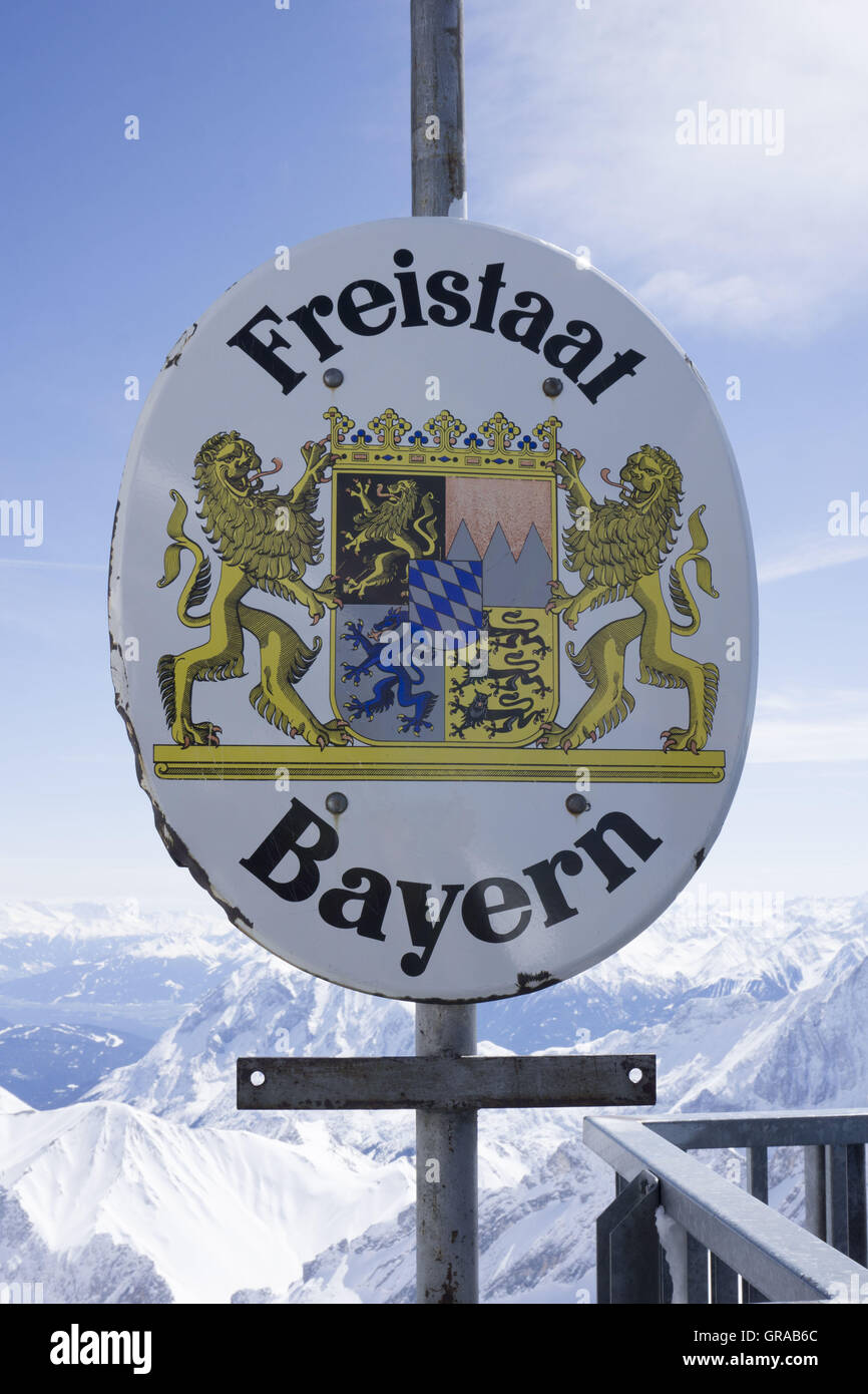Border Sign Freistaat Bayern, Zugspitze, Upper Bavaria, Bavaria, Germany, Europe Stock Photo