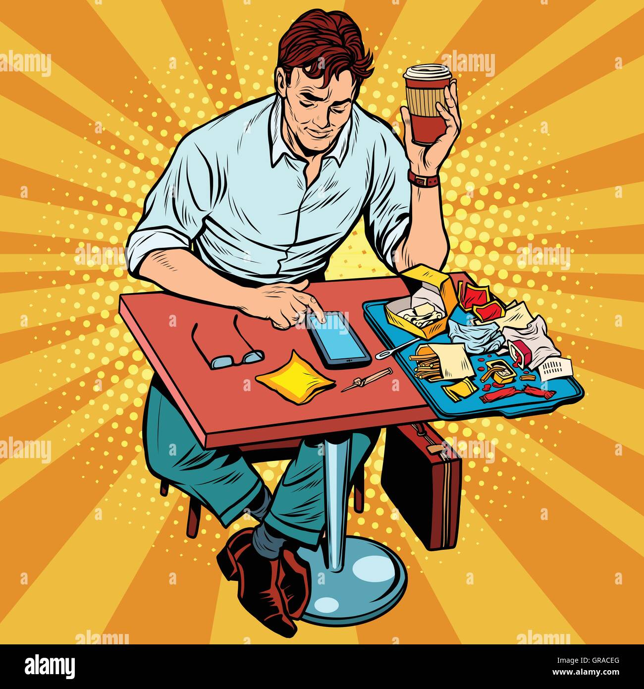Pop art man eats lunch at a fast food restaurant Stock Vector Image & Art -  Alamy