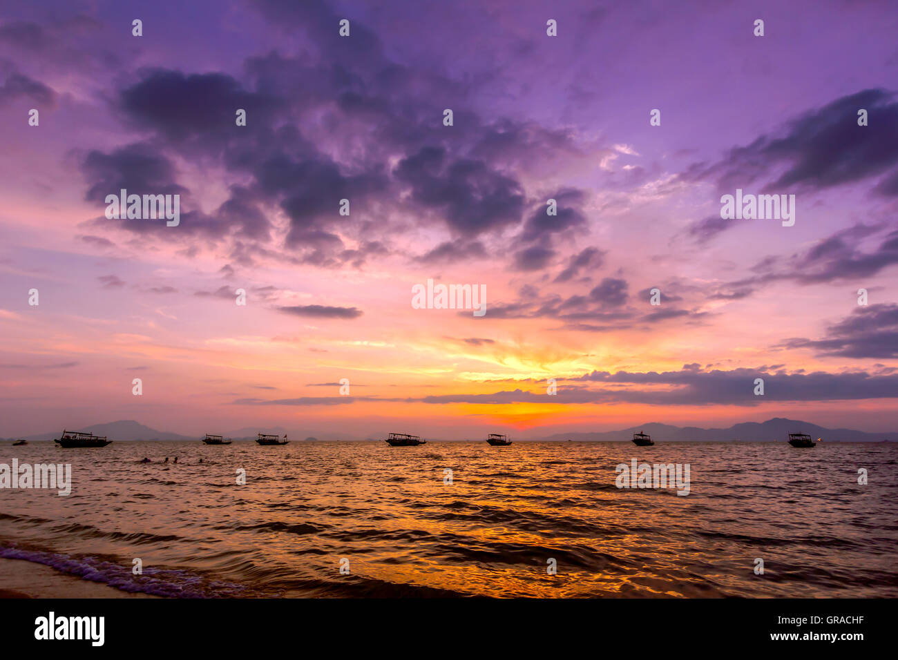 Sea fishing boat sunset scenery Stock Photo