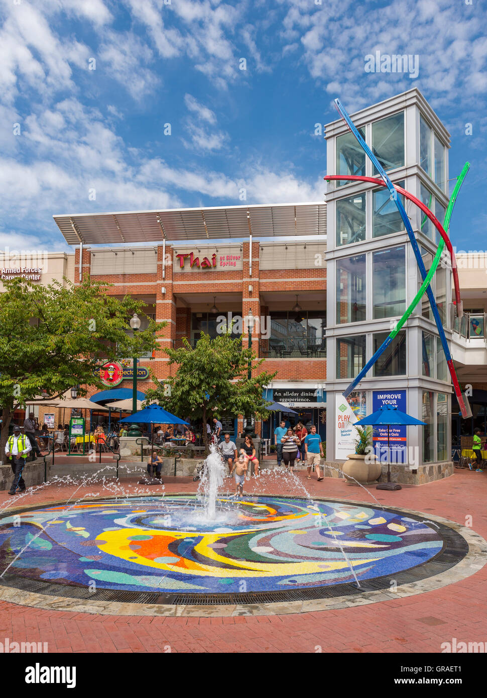 SILVER SPRING, MARYLAND, USA Fountain at Downtown Silver Spring Stock