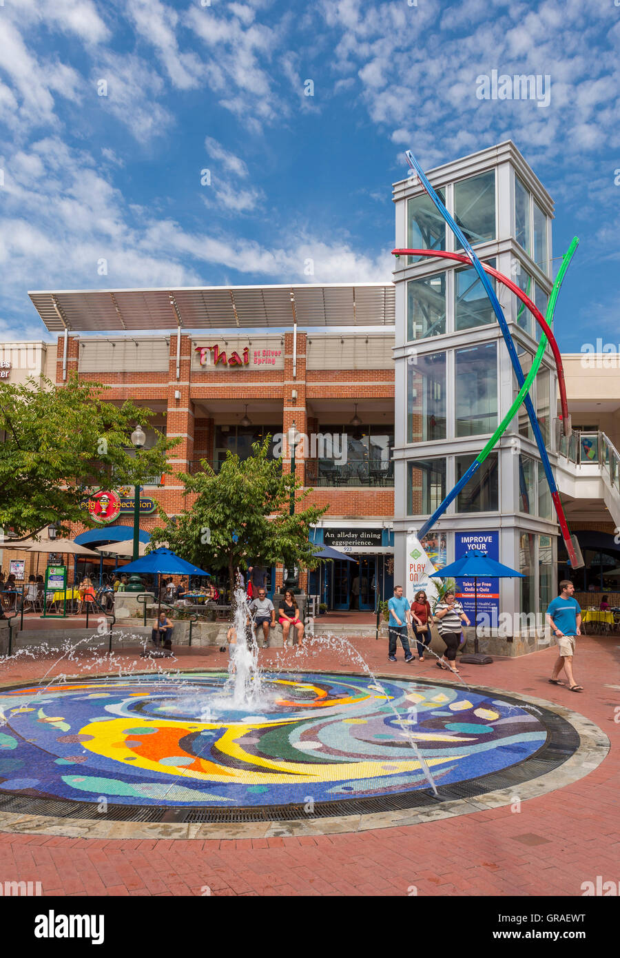 SILVER SPRING, MARYLAND, USA - Fountain at Downtown Silver Spring. Stock Photo