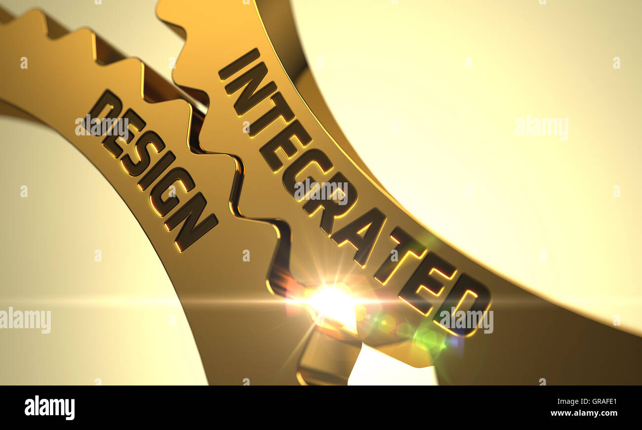 Integrated Design on the Golden Cogwheels. 3D Illustration. Stock Photo