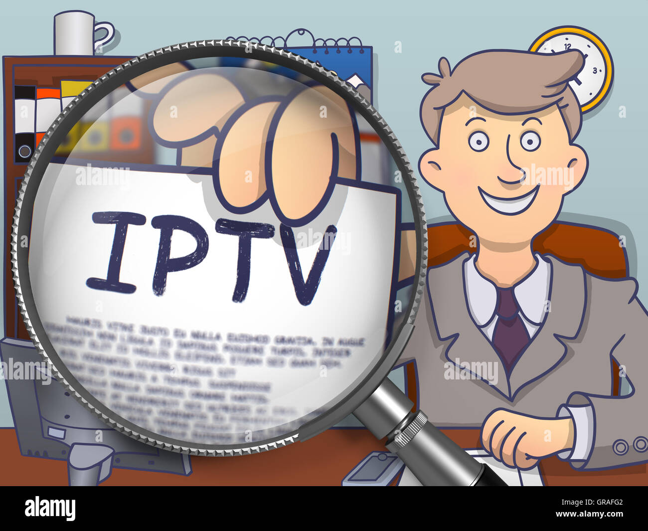 IPTV through Magnifying Glass. Doodle Concept. Stock Photo
