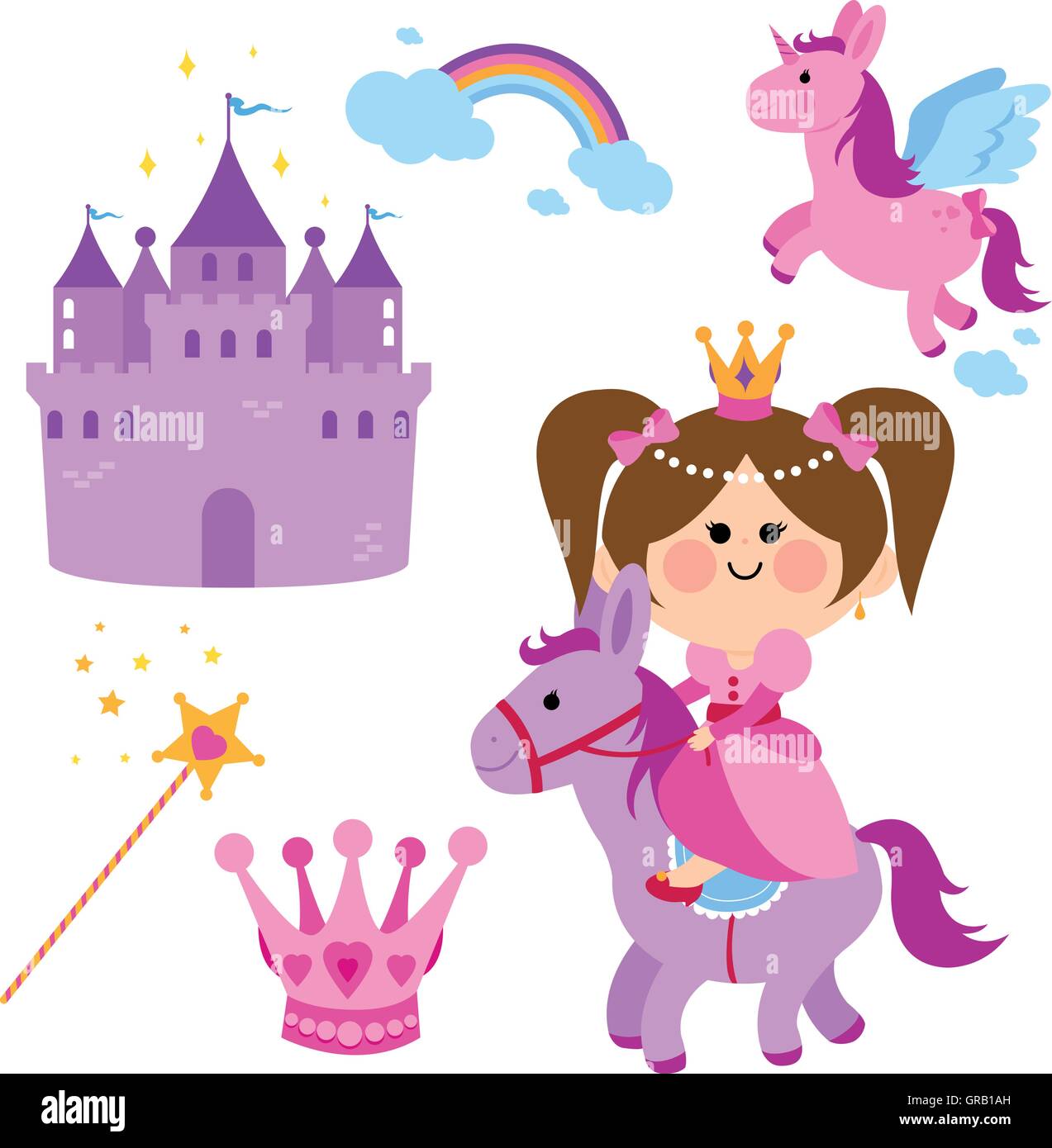 Pretty princess riding a horse set with a magic castle and a unicorn ...