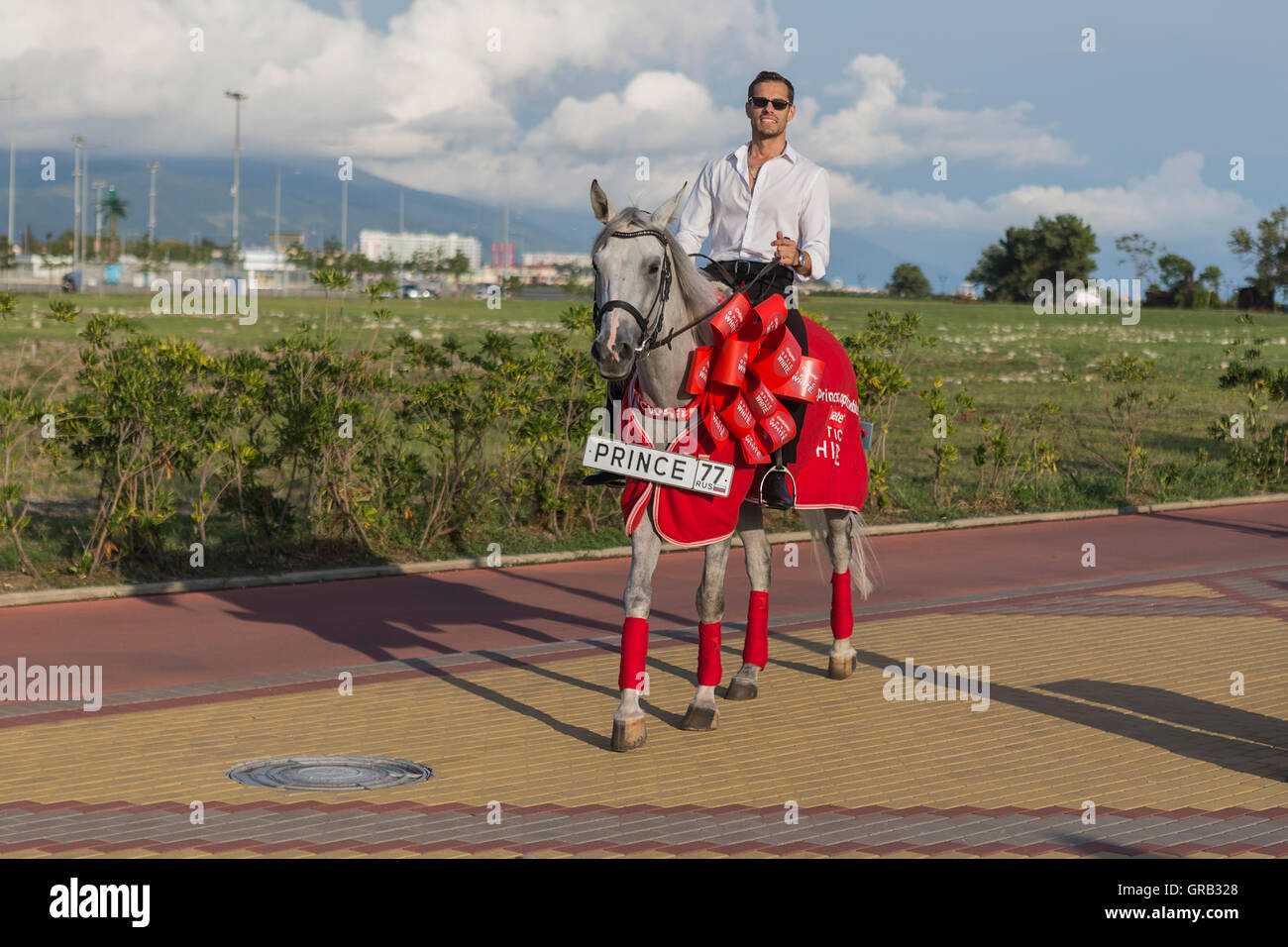 A man on a gray horse in motion, advertises goods, Sochi, the Olympic Village, Russia Stock Photo