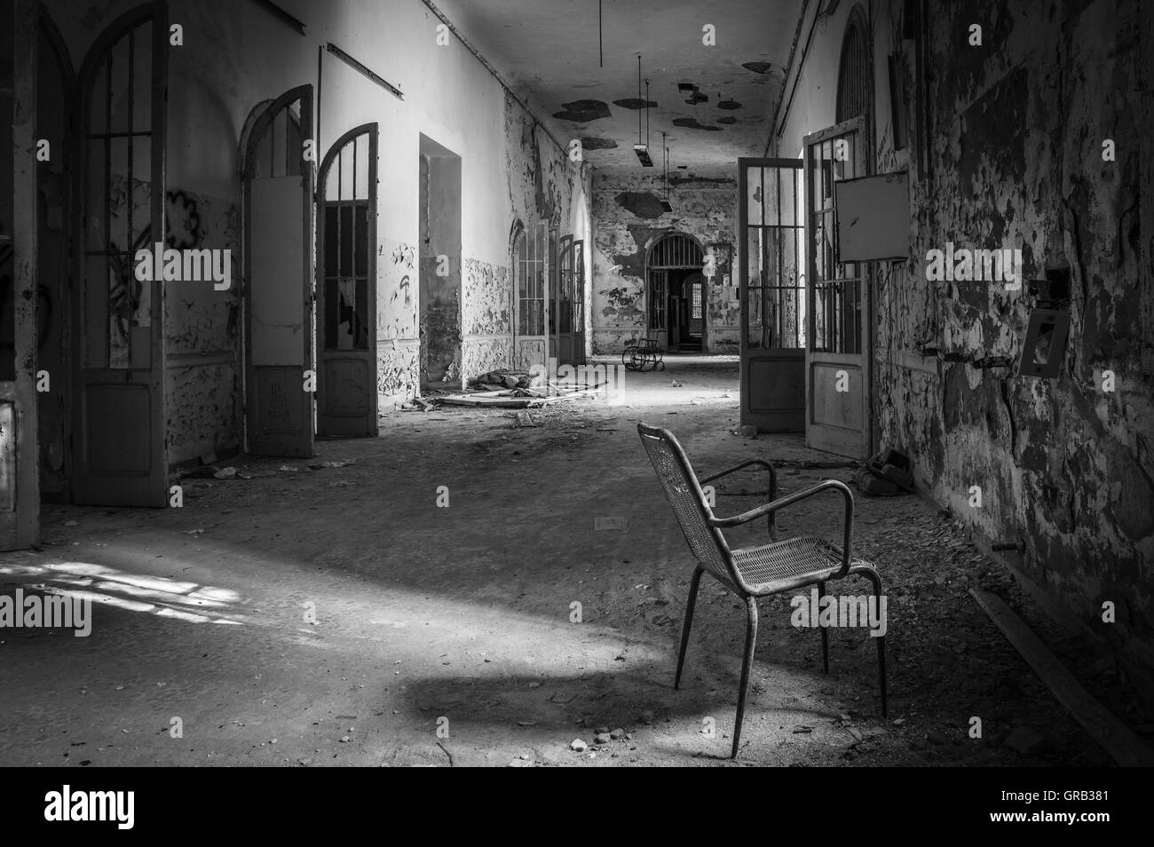 Volterra, Italy - September 2016: Abandoned psychiatric hospital in Volterra. It was home to more than 6,000 mental patients but Stock Photo