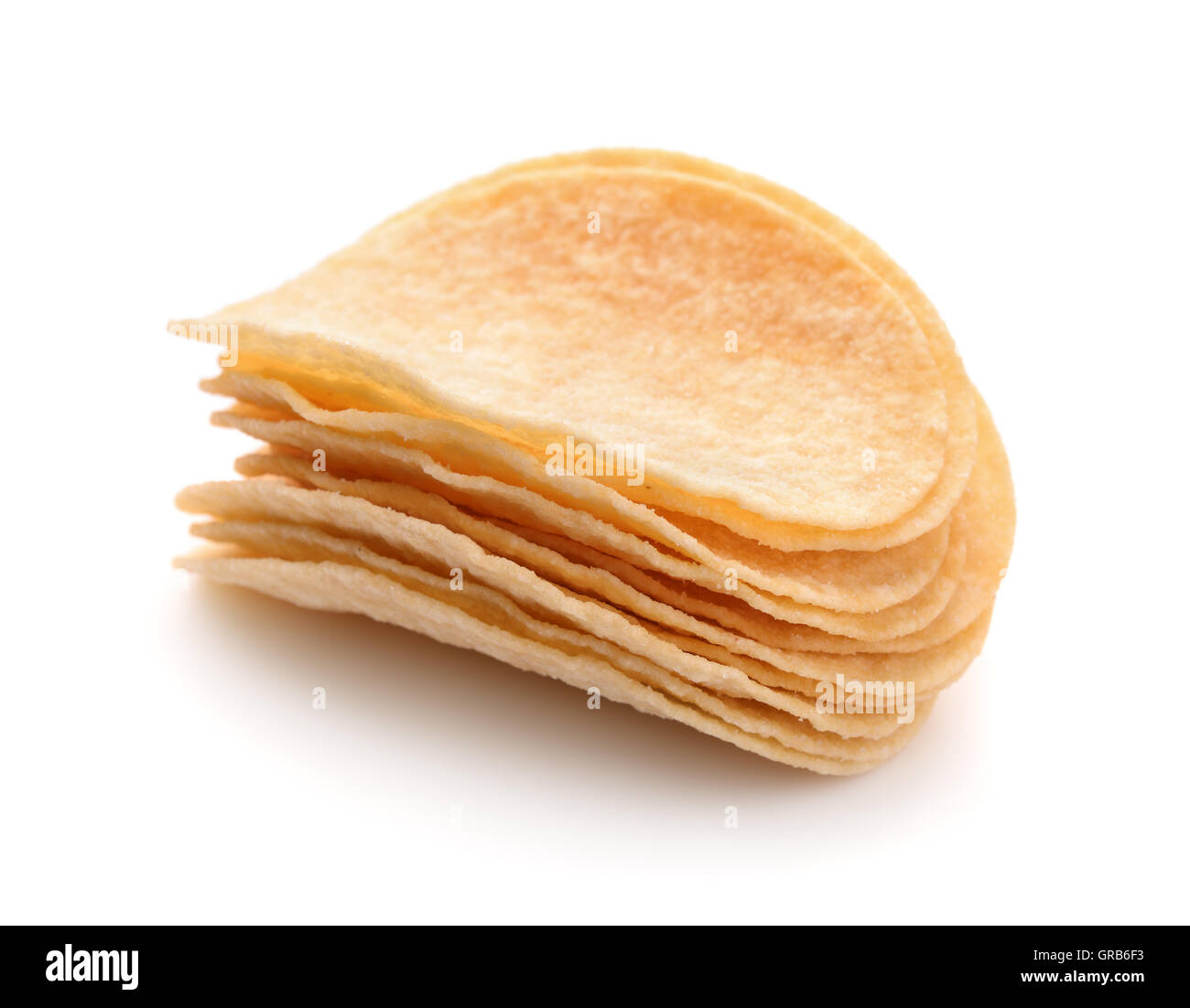 Stack of potato chips isolated on white Stock Photo