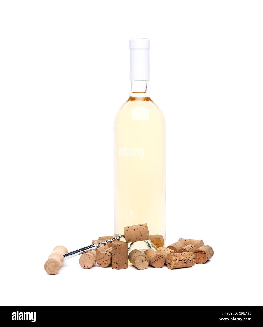 Bottle of wine with corkscrew isolated on white Stock Photo Alamy