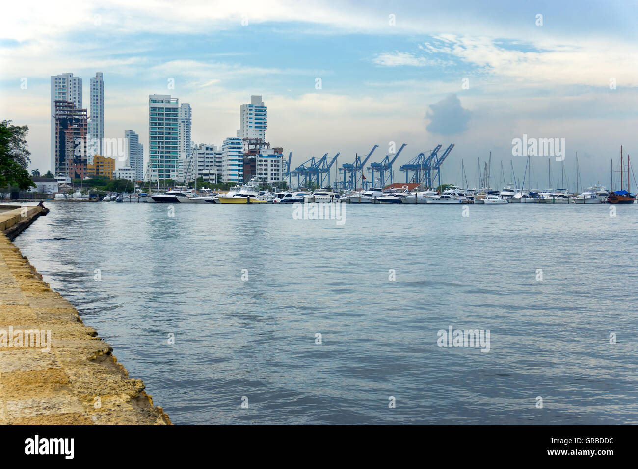 View of yachts and skyscrapers on the waterfront of Cartagena, Colombia Stock Photo