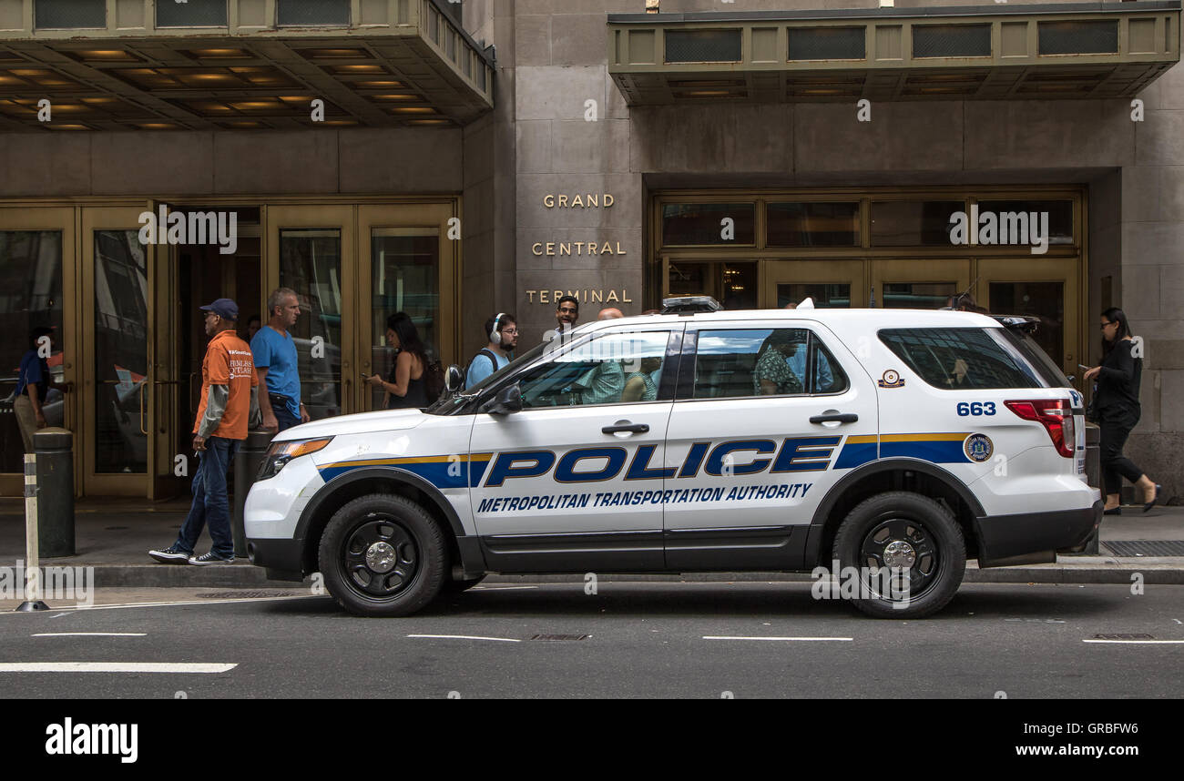An MTA Police vechicle is parked by a Lexington Avenue entrance to the Grand Central terminal in New York City. Stock Photo