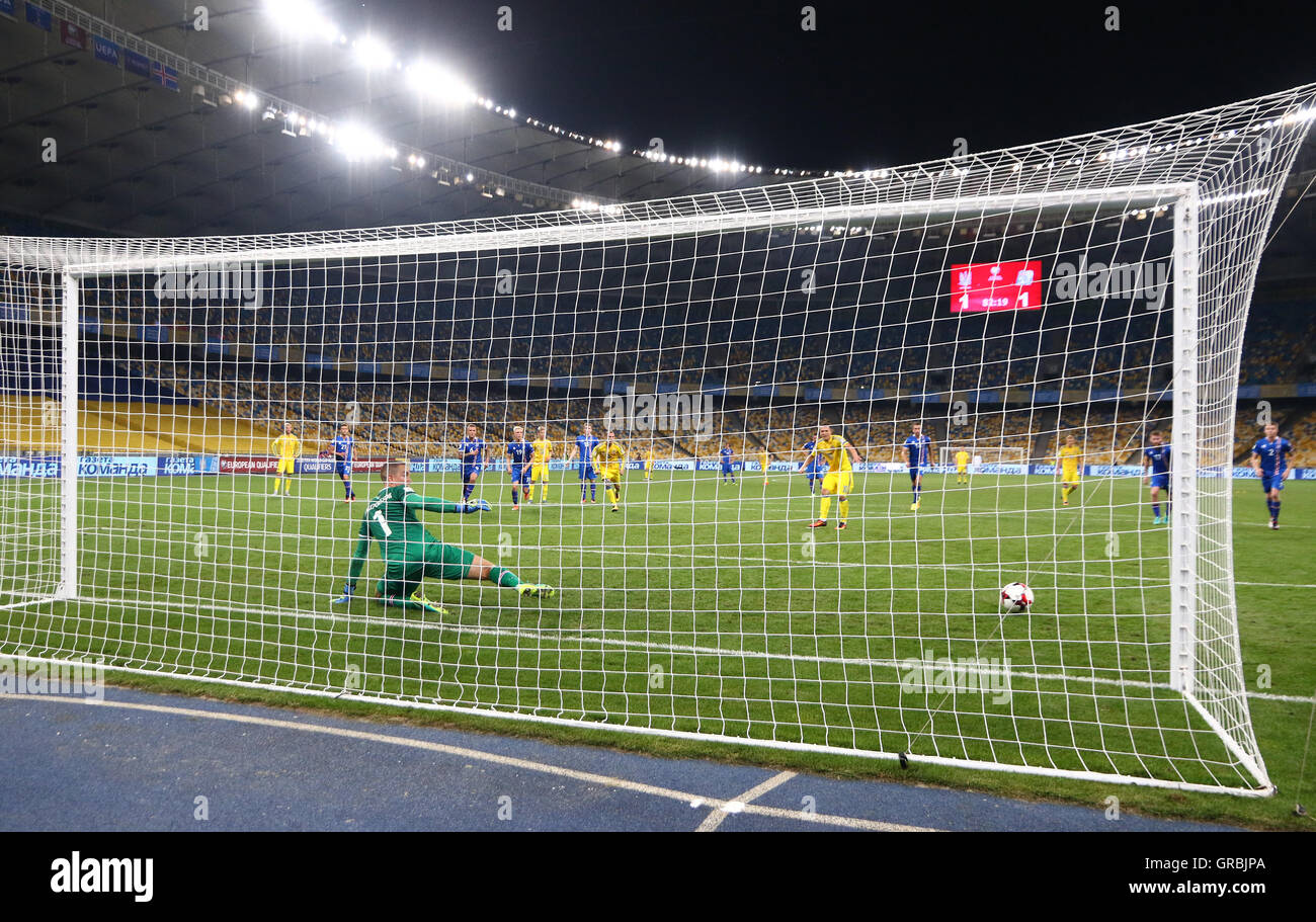 Yevhen Konoplyanka of Ukraine misses a penalty kick during FIFA World Cup 2018 qualifying game against Iceland Stock Photo