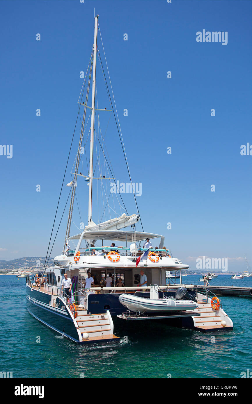 Luxury yacht on its way to port in Cannes, France Stock Photo